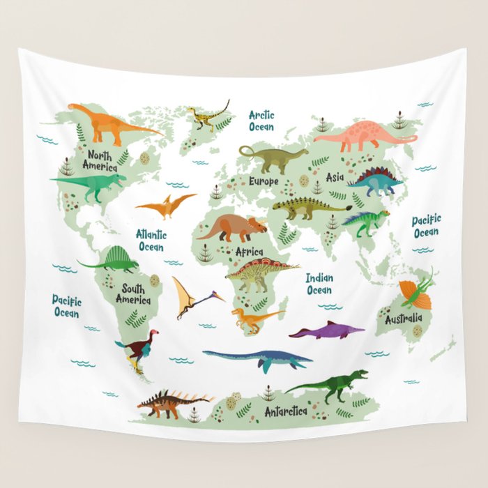Colorful Dinosaur World Map Wall Tapestry Gallery Image 4