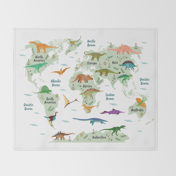 Colorful Dinosaur World Map Throw Blanket Gallery Image 2