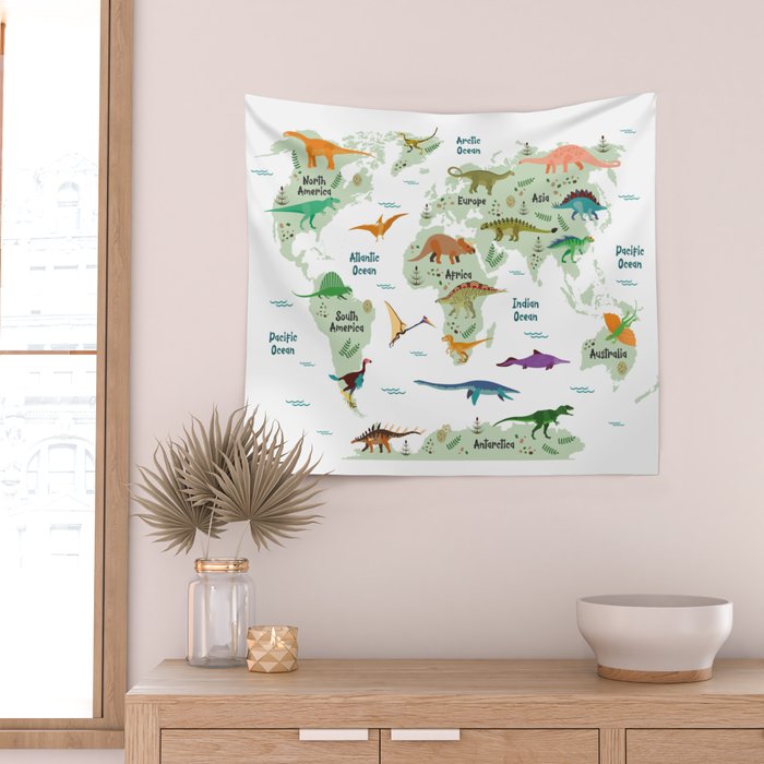 Colorful Dinosaur World Map Wall Tapestry Gallery Image 2
