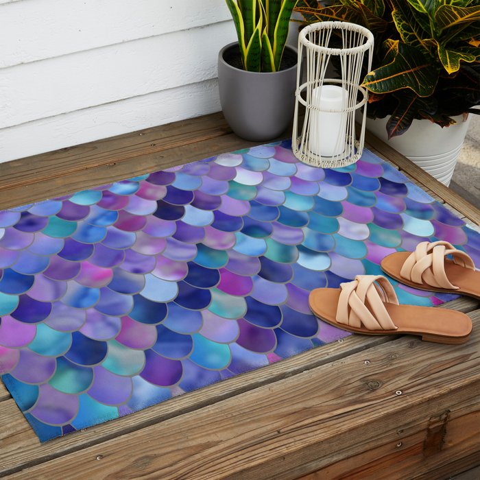 Mermaid Scales Art, Purple, Pink, Teal, Blue, Green Outdoor Rug Gallery Image 2