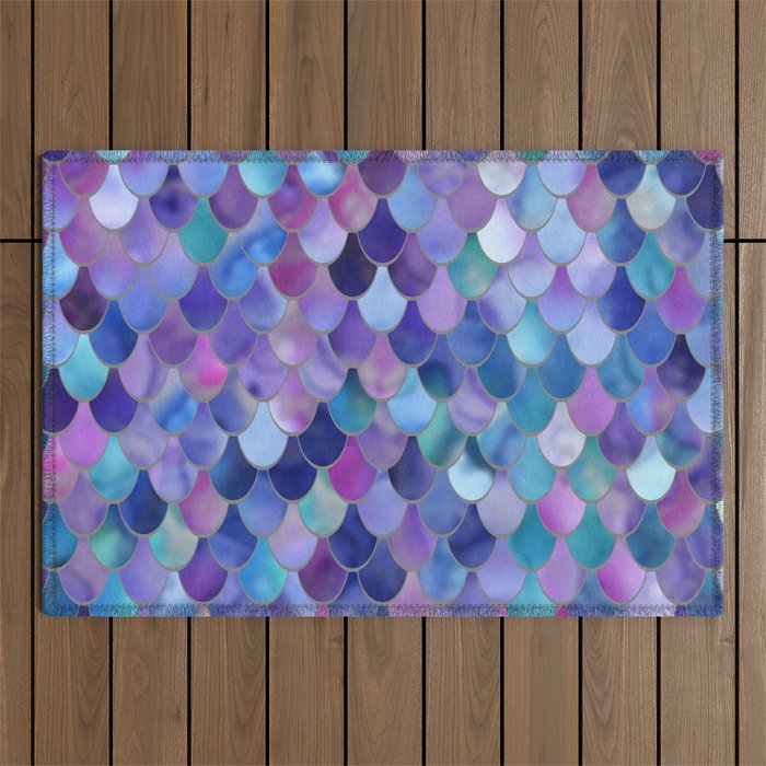 Mermaid Scales Art, Purple, Pink, Teal, Blue, Green Outdoor Rug Gallery Image 1