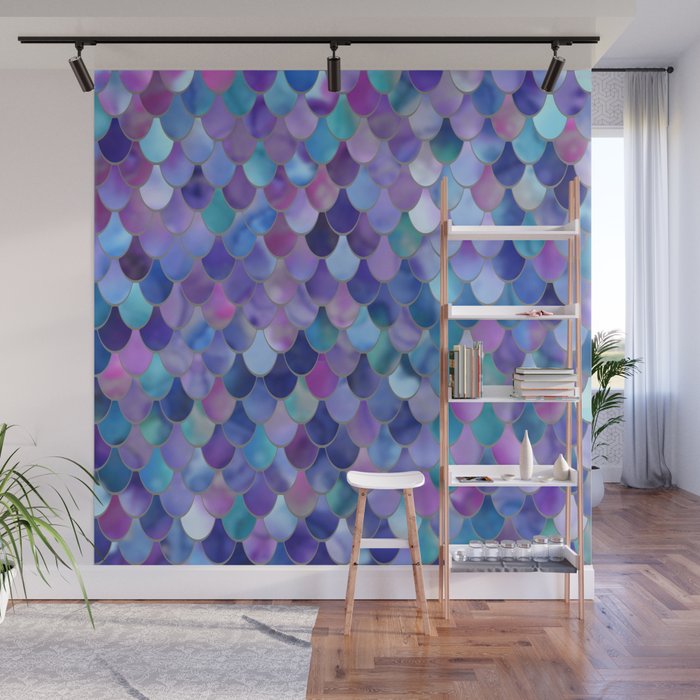 Mermaid Scales Art, Purple, Pink, Teal, Blue, Green Wall Mural Gallery Image 1