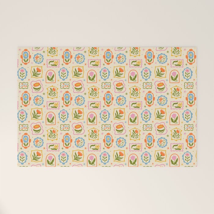 Colorful retro flower art frame art pattern Welcome Mat Gallery Image 1