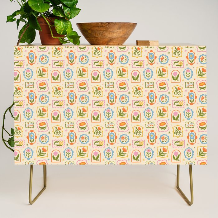 Colorful retro flower art frame art pattern Credenza Gallery Image 1