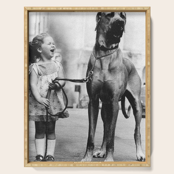 The Happiness of Little Girls and Great Danes black and white photograph Serving Tray Gallery Image 1