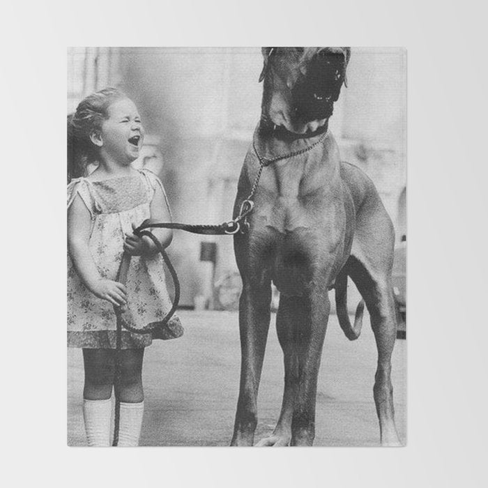The Happiness of Little Girls and Great Danes black and white photograph Throw Blanket Gallery Image 2