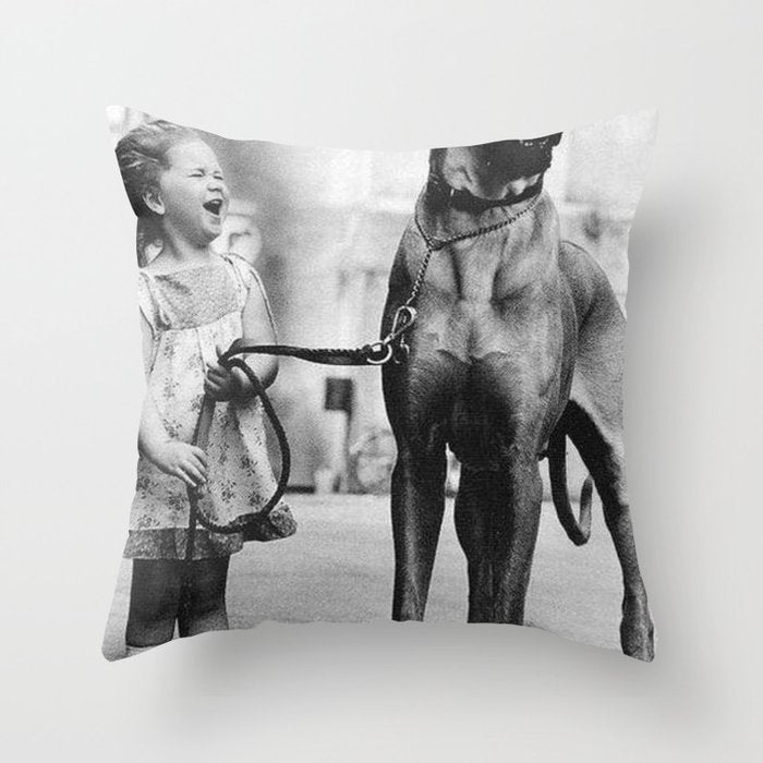 The Happiness of Little Girls and Great Danes black and white photograph Throw Pillow Gallery Image 6