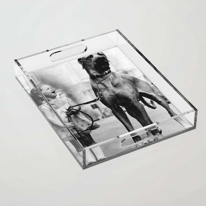 The Happiness of Little Girls and Great Danes black and white photograph Acrylic Tray Gallery Image 1