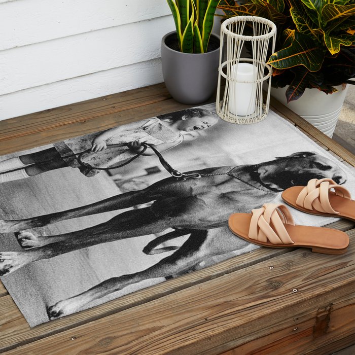 The Happiness of Little Girls and Great Danes black and white photograph Outdoor Rug Gallery Image 2