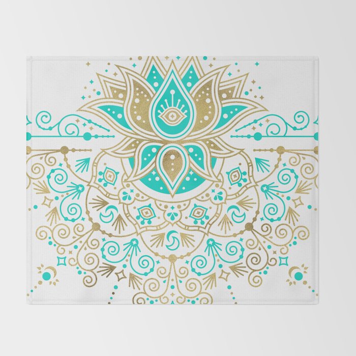 Sacred Lotus Mandala - Turquoise & Gold Palette Throw Blanket Gallery Image 2