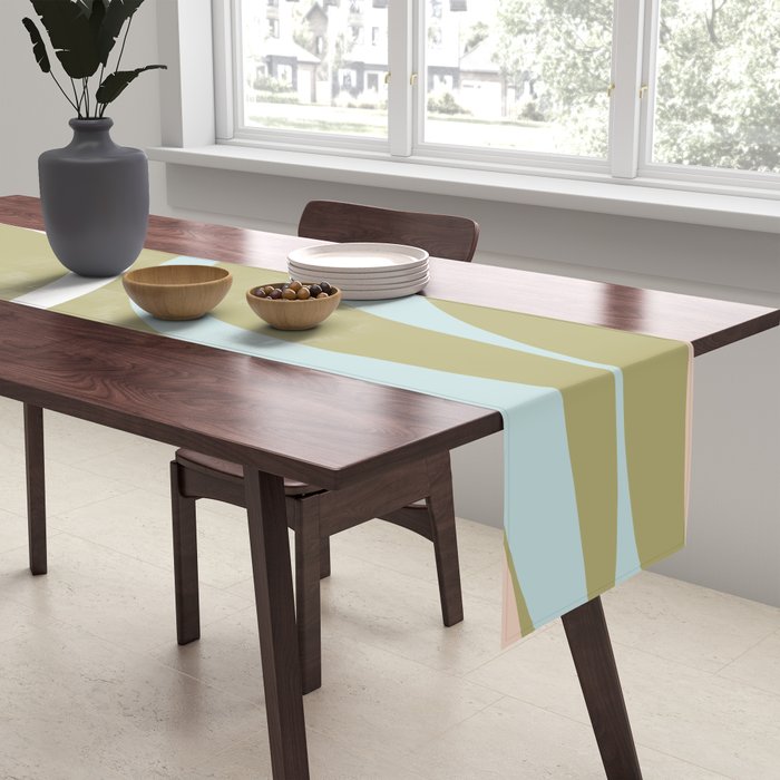 Retro Abstract New Groove Swirl Pattern Soft Sage Green Light Blue Table Runner Gallery Image 2