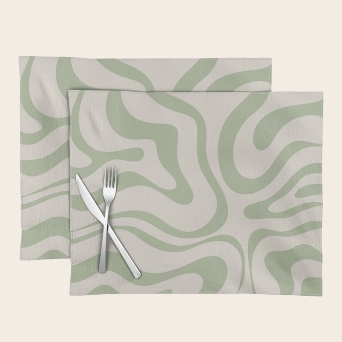 Liquid Swirl Abstract Pattern in Almond and Sage Green Placemat Gallery Image 1