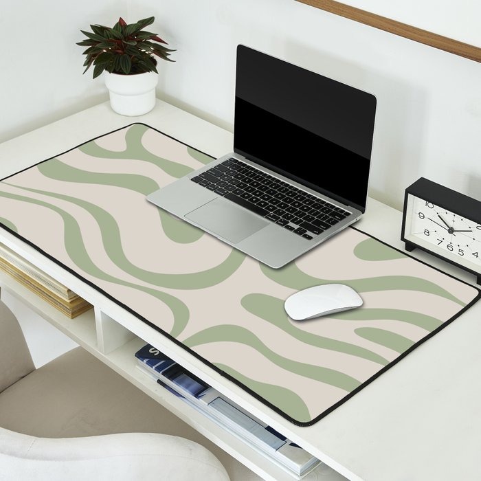 Liquid Swirl Abstract Pattern in Almond and Sage Green Desk Mat Gallery Image 2