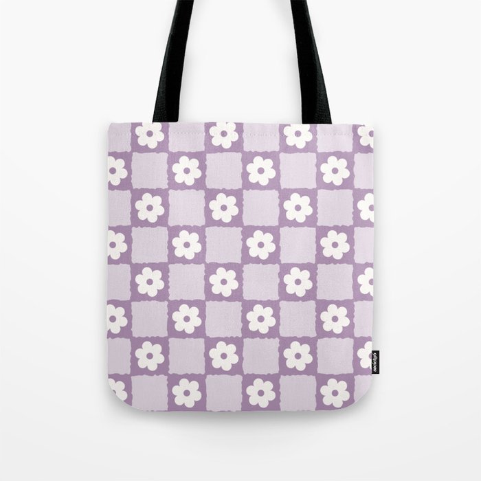 Retro Daisy Flower Checker in Purple Tote Bag Gallery Image 1