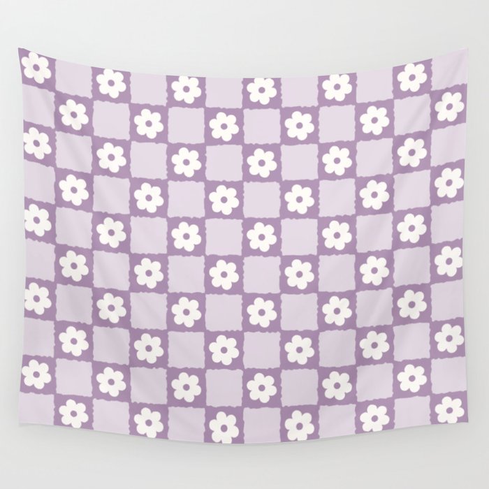 Retro Daisy Flower Checker in Purple Wall Tapestry Gallery Image 4