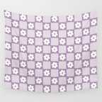 Retro Daisy Flower Checker in Purple Wall Tapestry Gallery Image 4