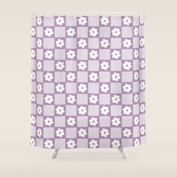 Retro Daisy Flower Checker in Purple Shower Curtain Gallery Image 1