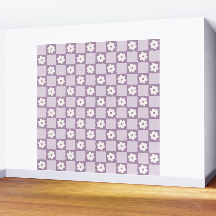 Retro Daisy Flower Checker in Purple Wall Mural Gallery Image 2