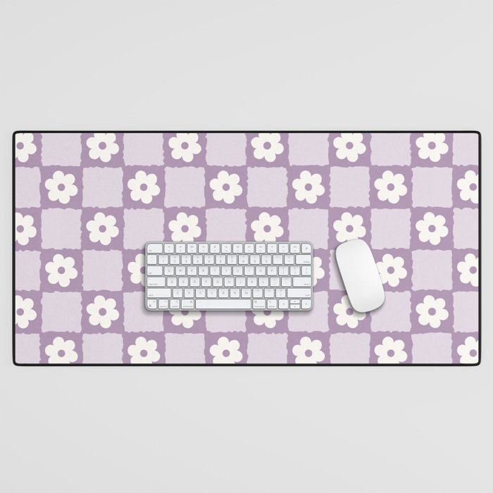 Retro Daisy Flower Checker in Purple Desk Mat Gallery Image 1