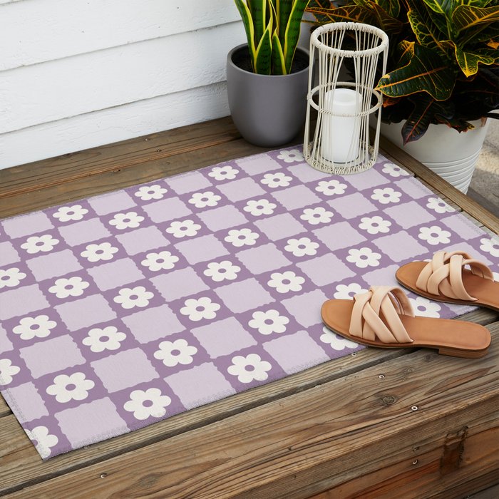 Retro Daisy Flower Checker in Purple Outdoor Rug Gallery Image 2