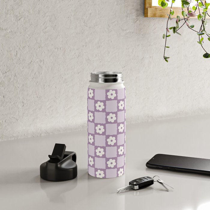 Retro Daisy Flower Checker in Purple Water Bottle Gallery Image 4