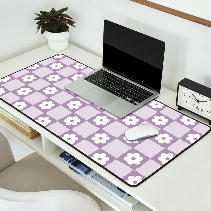 Retro Daisy Flower Checker in Purple Desk Mat Gallery Image 2