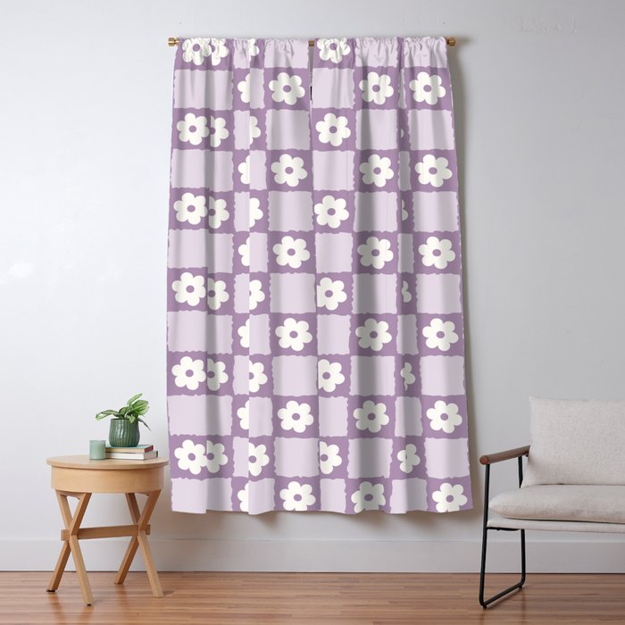 Retro Daisy Flower Checker in Purple Window Curtain Gallery Image 1