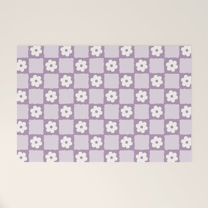 Retro Daisy Flower Checker in Purple Welcome Mat Gallery Image 1