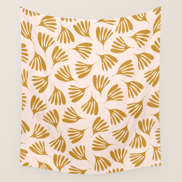 Pale Blush and Mustard Wispy Leaves Contemporary Pattern Wall Tapestry Gallery Image 4