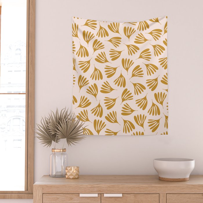 Pale Blush and Mustard Wispy Leaves Contemporary Pattern Wall Tapestry Gallery Image 2