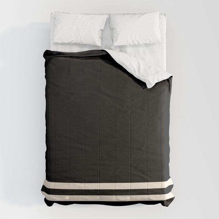 Double Cuff Stripe Nearly Solid Minimalist Pattern in Black and Almond Cream Comforter Gallery Image 1