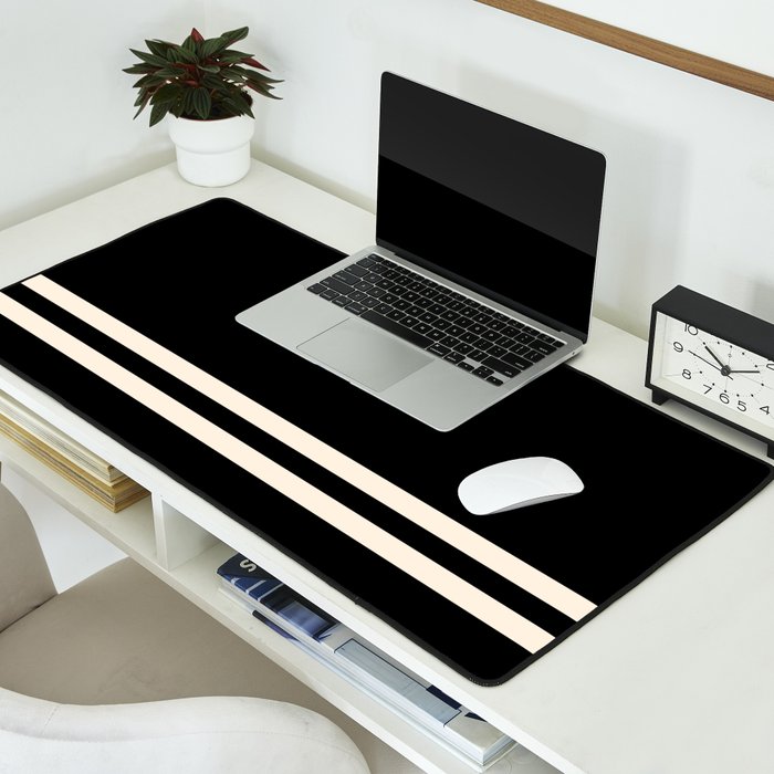 Double Cuff Stripe Nearly Solid Minimalist Pattern in Black and Almond Cream Desk Mat Gallery Image 2