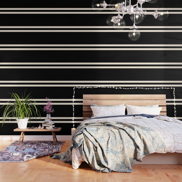 Double Cuff Stripe Nearly Solid Minimalist Pattern in Black and Almond Cream Wallpaper Gallery Image 1