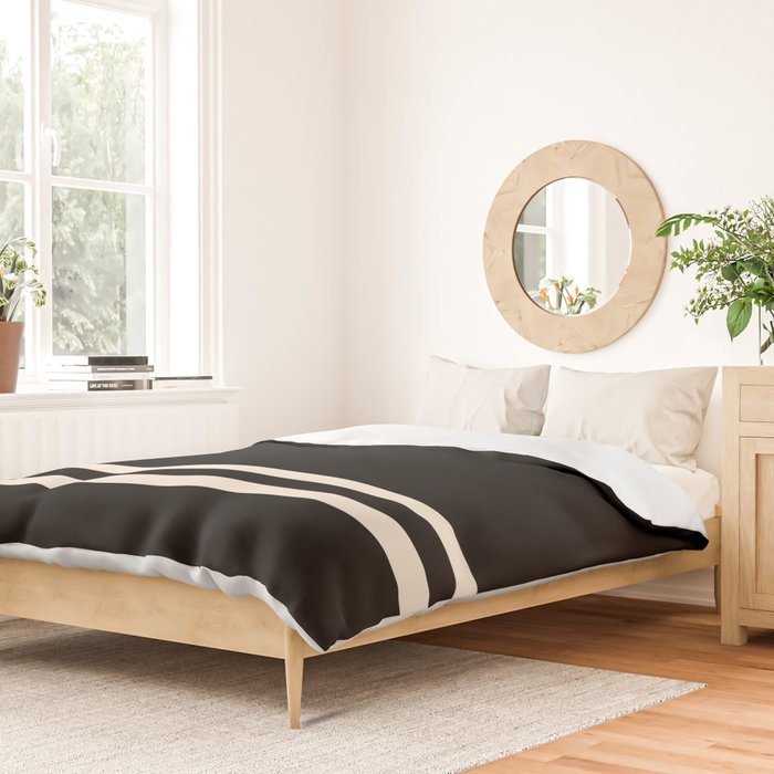 Double Cuff Stripe Nearly Solid Minimalist Pattern in Black and Almond Cream Duvet Cover Gallery Image 2