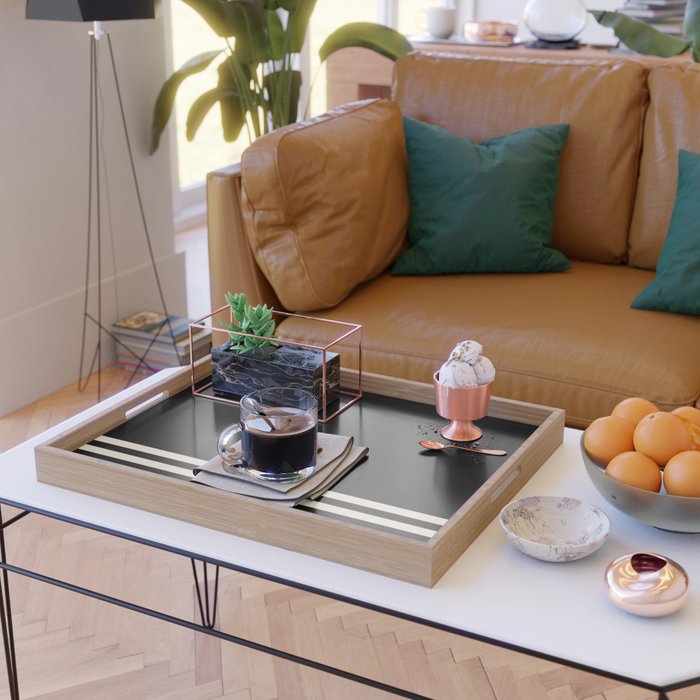 Double Cuff Stripe Nearly Solid Minimalist Pattern in Black and Almond Cream Serving Tray Gallery Image 2