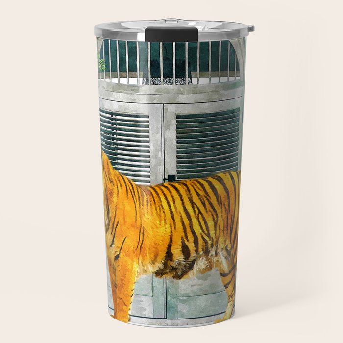 94 Tropical, Greece Architecture Buildings Tiger Wild Cat Watercolor Palm Travel Bohemian Painting Travel Mug Gallery Image 1