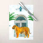 94 Tropical, Greece Architecture Buildings Tiger Wild Cat Watercolor Palm Travel Bohemian Painting Wrapping Paper Gallery Image 1