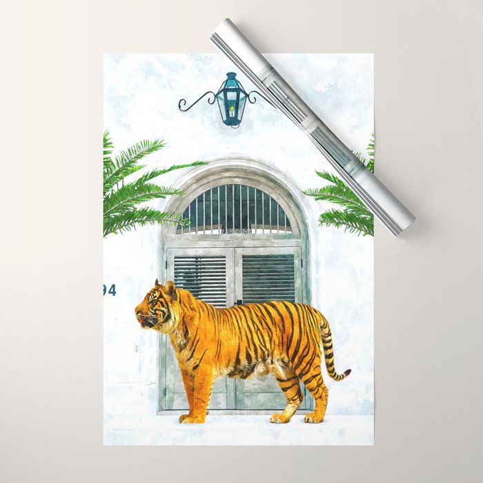 94 Tropical, Greece Architecture Buildings Tiger Wild Cat Watercolor Palm Travel Bohemian Painting Wrapping Paper Gallery Image 1