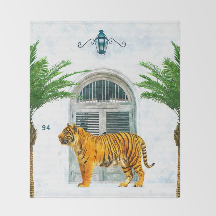 94 Tropical, Greece Architecture Buildings Tiger Wild Cat Watercolor Palm Travel Bohemian Painting Throw Blanket Gallery Image 2