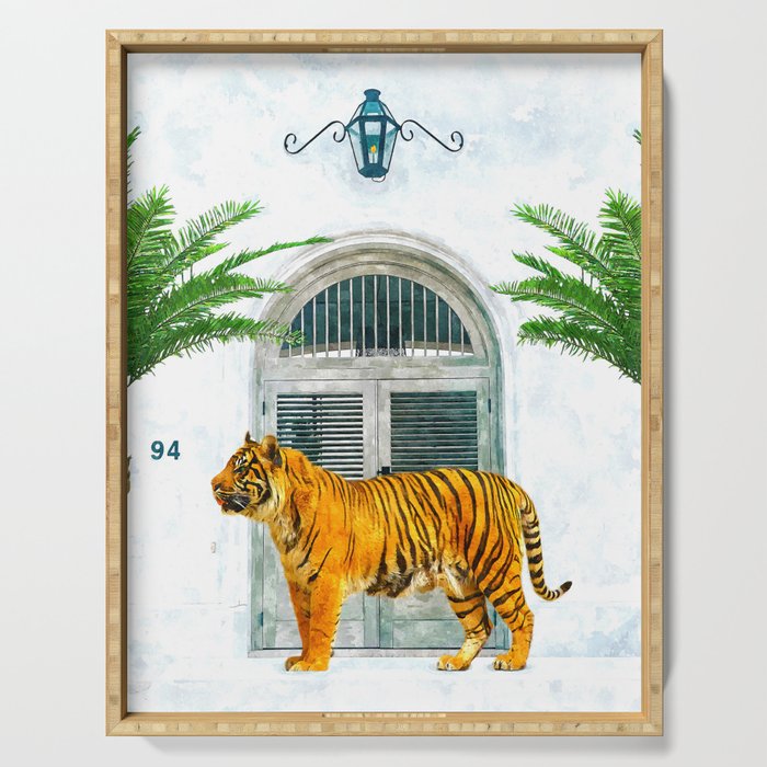 94 Tropical, Greece Architecture Buildings Tiger Wild Cat Watercolor Palm Travel Bohemian Painting Serving Tray Gallery Image 1