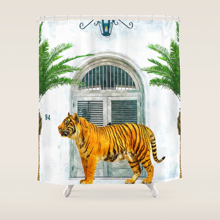 94 Tropical, Greece Architecture Buildings Tiger Wild Cat Watercolor Palm Travel Bohemian Painting Shower Curtain Gallery Image 1