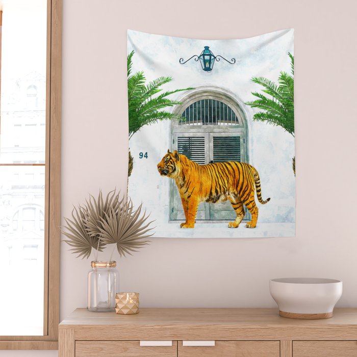 94 Tropical, Greece Architecture Buildings Tiger Wild Cat Watercolor Palm Travel Bohemian Painting Wall Tapestry Gallery Image 2