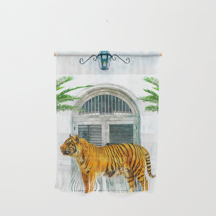 94 Tropical, Greece Architecture Buildings Tiger Wild Cat Watercolor Palm Travel Bohemian Painting Wall Hanging Gallery Image 1