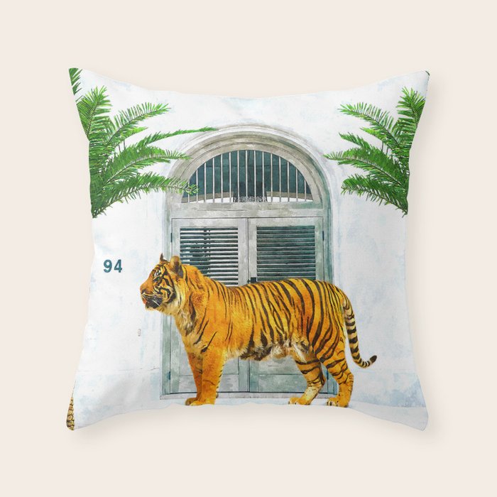 94 Tropical, Greece Architecture Buildings Tiger Wild Cat Watercolor Palm Travel Bohemian Painting Throw Pillow Gallery Image 1