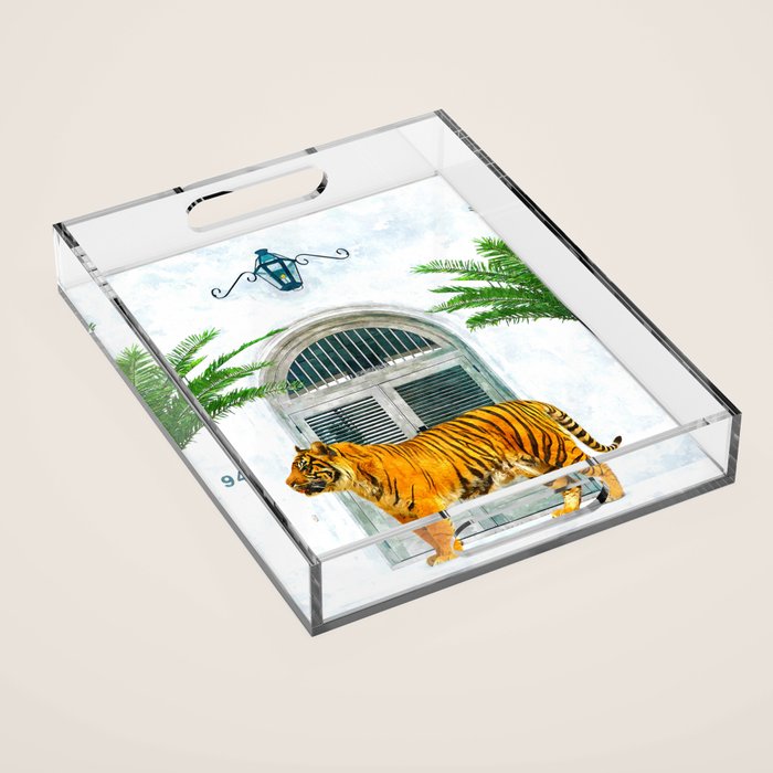 94 Tropical, Greece Architecture Buildings Tiger Wild Cat Watercolor Palm Travel Bohemian Painting Acrylic Tray Gallery Image 1