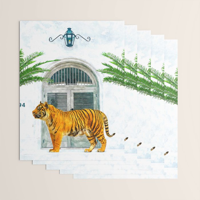 94 Tropical, Greece Architecture Buildings Tiger Wild Cat Watercolor Palm Travel Bohemian Painting Wrapping Paper Gallery Image 3