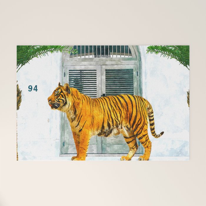 94 Tropical, Greece Architecture Buildings Tiger Wild Cat Watercolor Palm Travel Bohemian Painting Welcome Mat Gallery Image 1