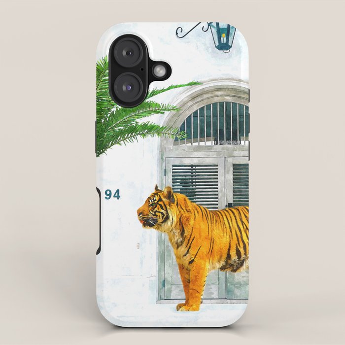 94 Tropical, Greece Architecture Buildings Tiger Wild Cat Watercolor Palm Travel Bohemian Painting iPhone Case Gallery Image 1