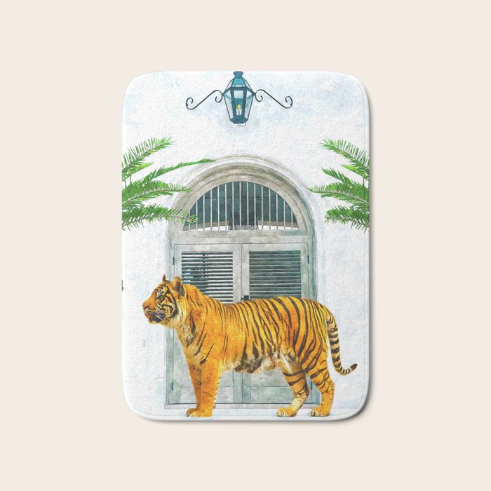 94 Tropical, Greece Architecture Buildings Tiger Wild Cat Watercolor Palm Travel Bohemian Painting Bath Mat Gallery Image 1