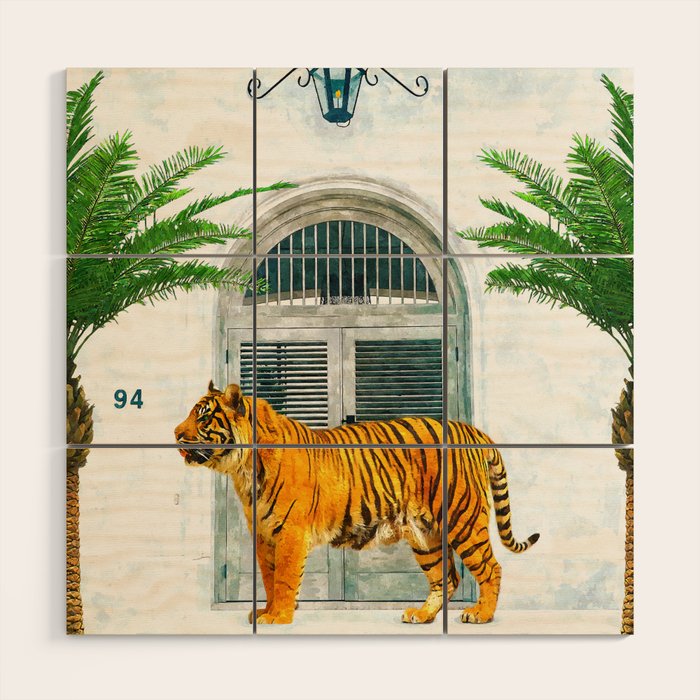 94 Tropical, Greece Architecture Buildings Tiger Wild Cat Watercolor Palm Travel Bohemian Painting Wood Wall Art Gallery Image 1